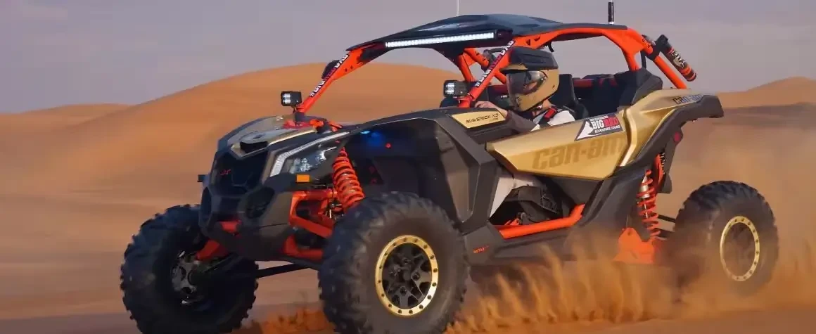Off-road desert vehicle drifting with driver during thrilling safari ride