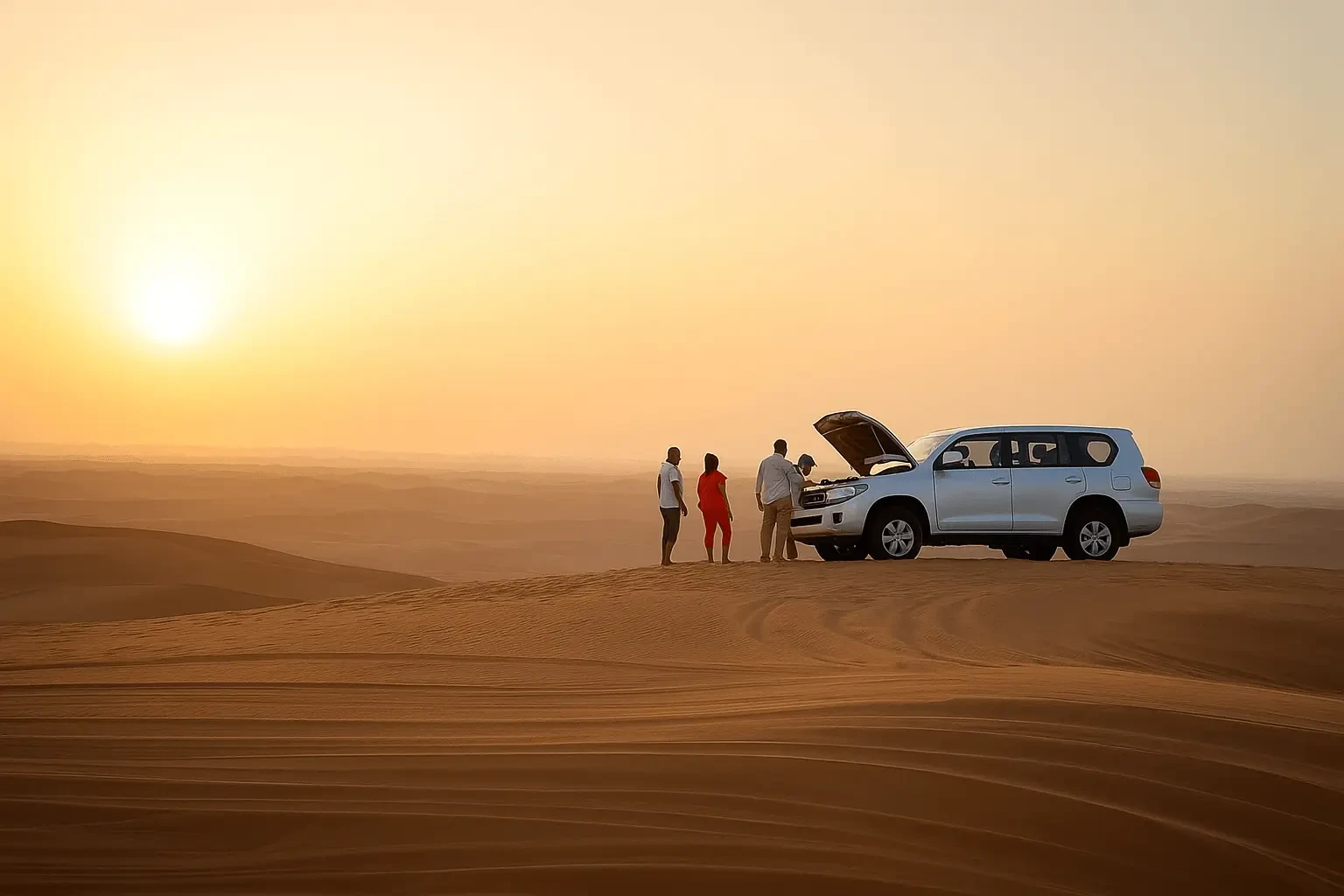 A panoramic view of the Dubai desert, showcasing sand dunes and a clear blue sky during a safari adventure.