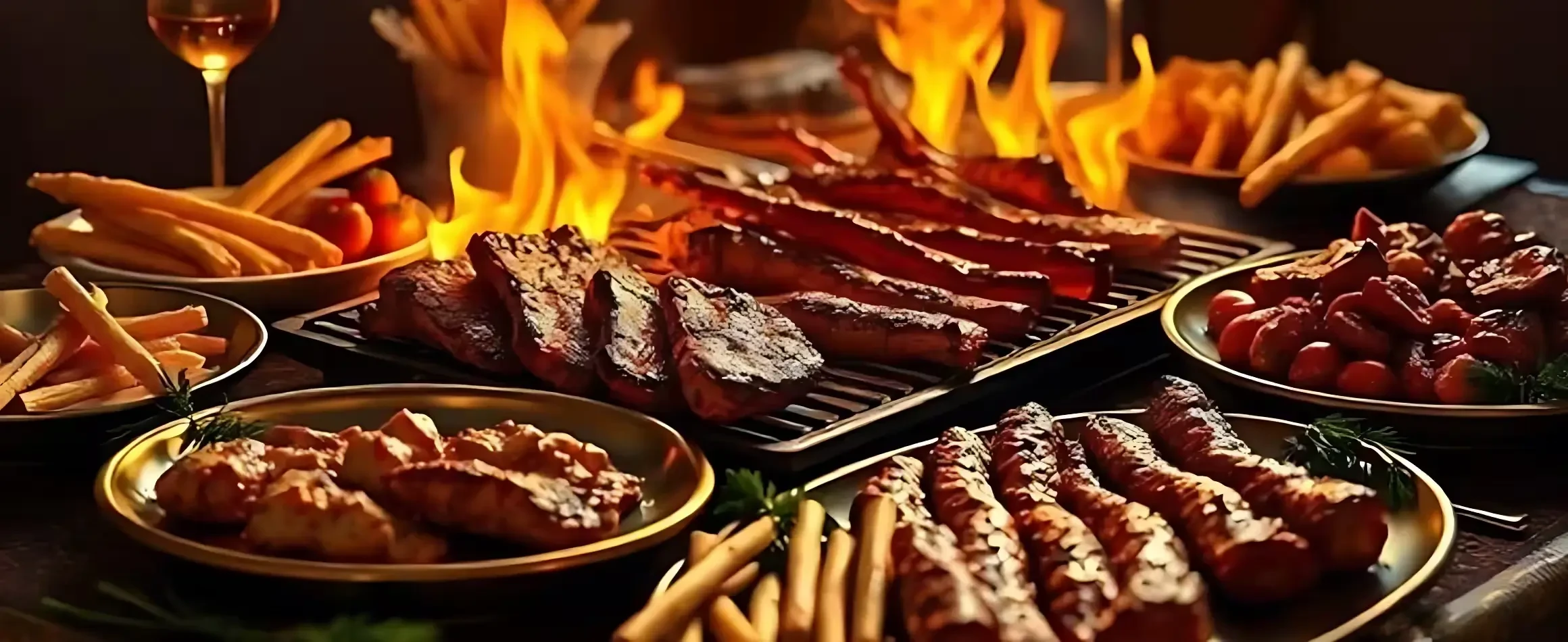 Delicious dinner dishes including kebabs and roast served on Dubai desert safari