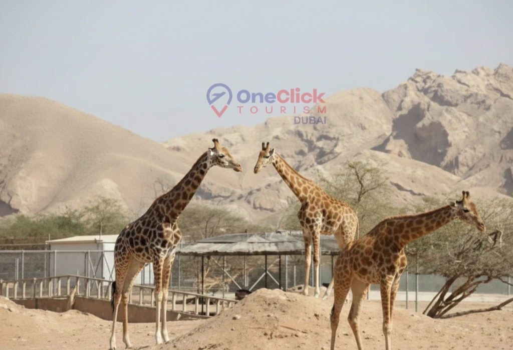 Giraffes in a desert habitat at the Al Ain Zoo, a popular stop on an Al Ain city tour from Dubai.