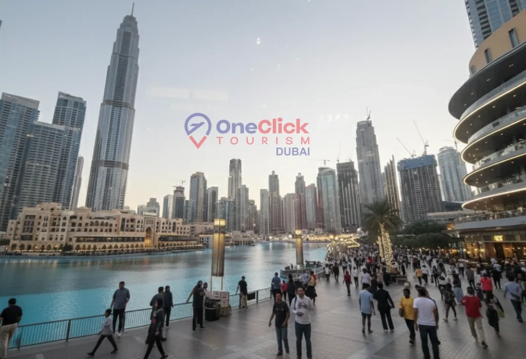 Crowds of people walking along the Burj Khalifa promenade and Dubai Mall waterfront during the evening.