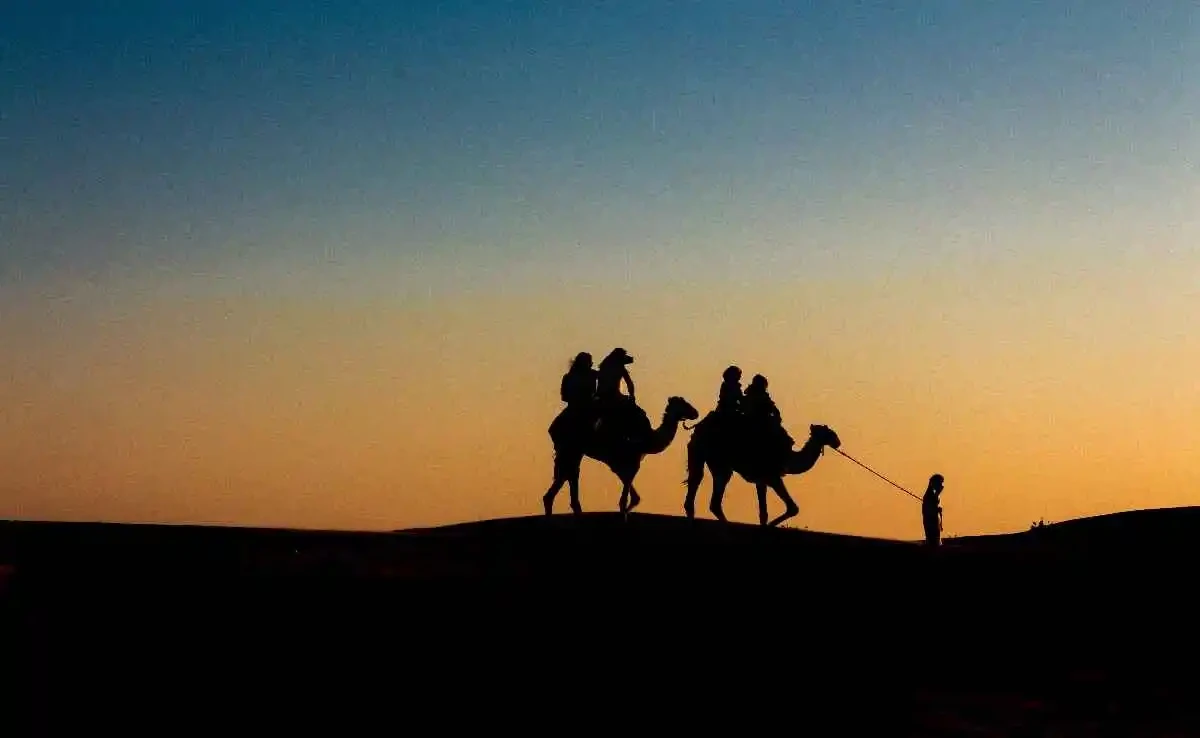 A scenic sunset view featuring a group of individuals on camels, highlighting the beauty of the evening sky.