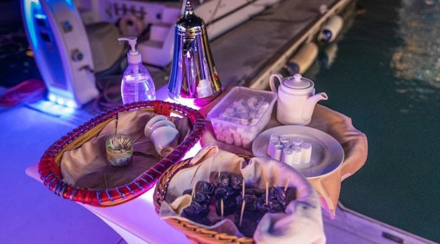 Arabic refreshments served aboard a Dubai dhow cruise