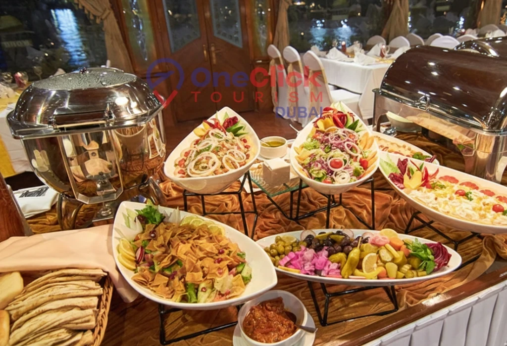 A lavish international buffet spread featuring fresh salads and traditional dishes served on a Dubai Marina dinner cruise.