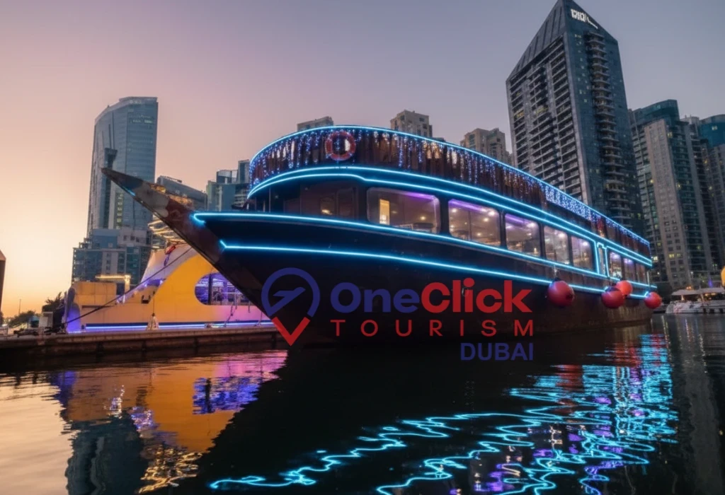 A traditional Arabian wooden dhow boat illuminated with golden lights sailing on the Dubai Creek at night.