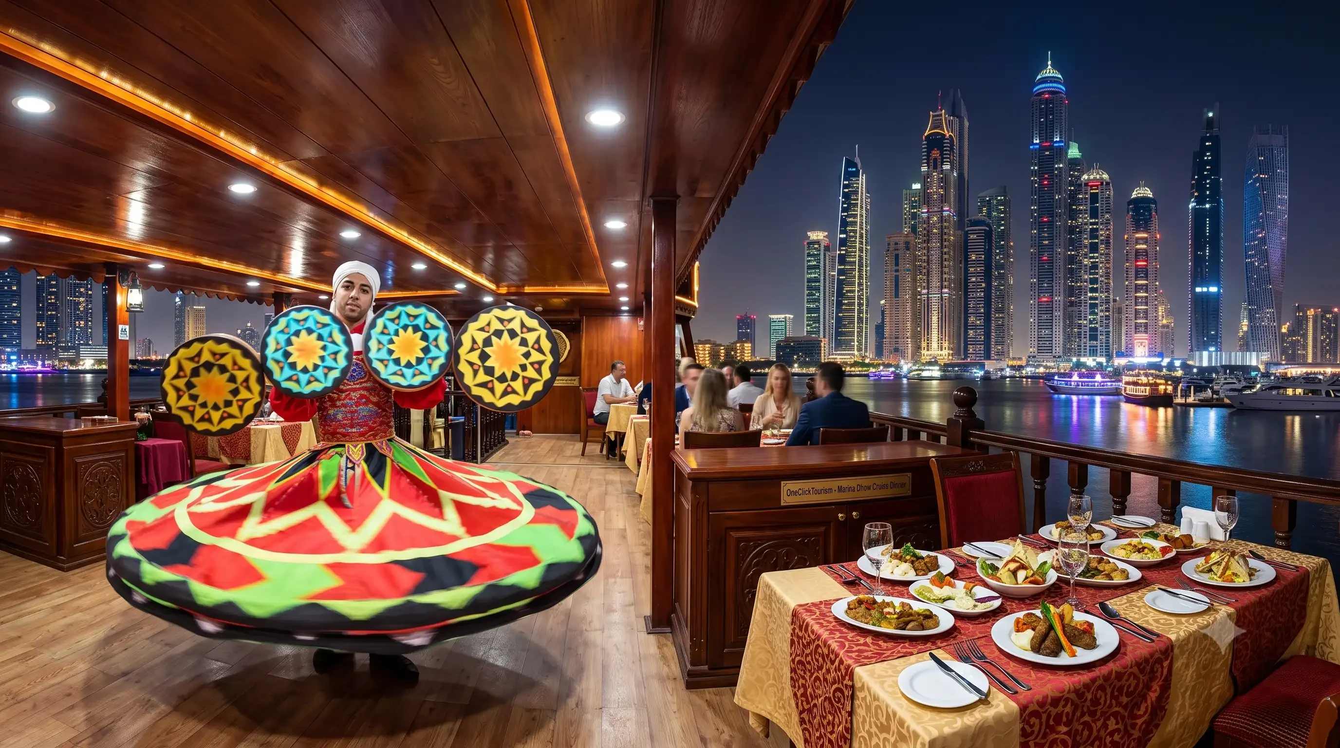 Interior of a traditional wooden dhow cruise in Dubai Marina at night, featuring a buffet table, a Tanoura dancer performing in traditional costume, and the illuminated Dubai Marina skyline through the windows.