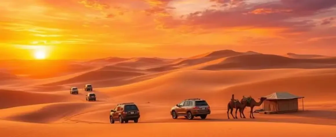 Camels at sunset with desert safari vehicles driving through Dubai dunes