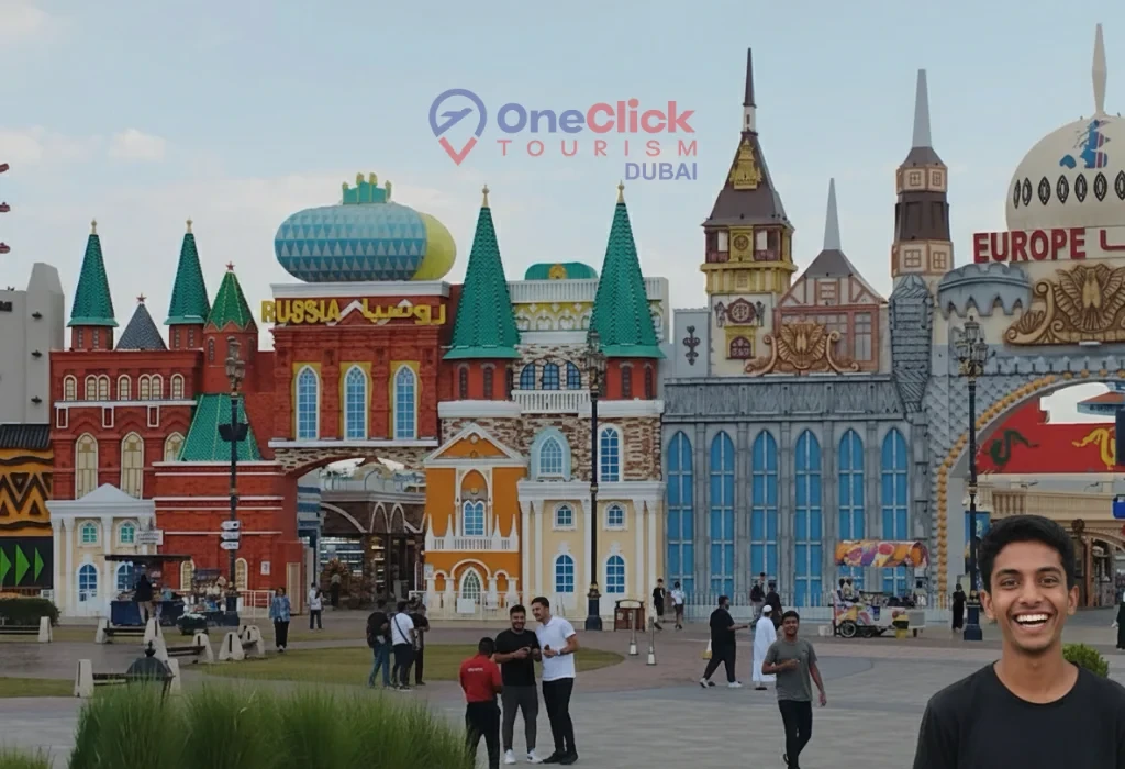 The iconic hashtag Global Village outdoor sign with the Stunt Show Survivor building in the background.