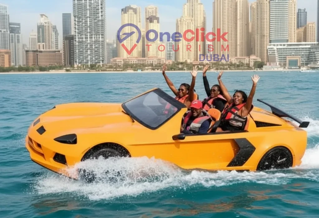 Professional jet car driving dubai experience along JBR and Dubai Marina with passengers wearing life jackets.