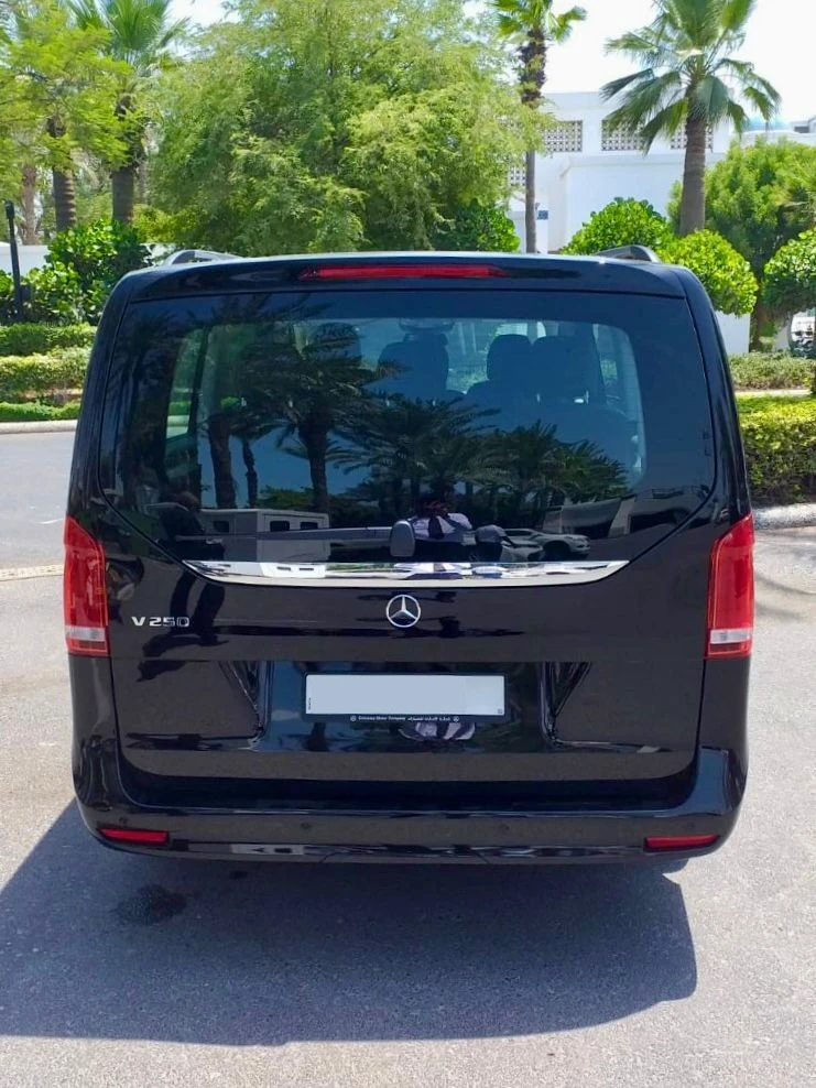 Rear view of a black Mercedes V 250 showing the trunk and chrome detailing against a sunny outdoor background.