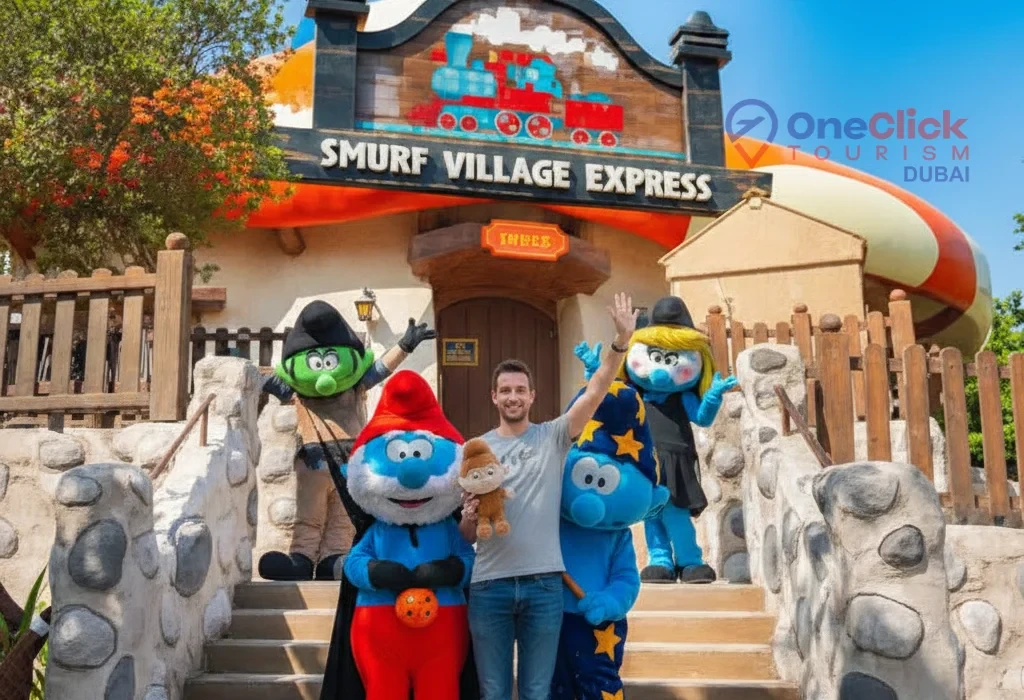 Two Smurf mascots in blue and red outfits performing for guests at the Smurfs Village zone in Motiongate Dubai.