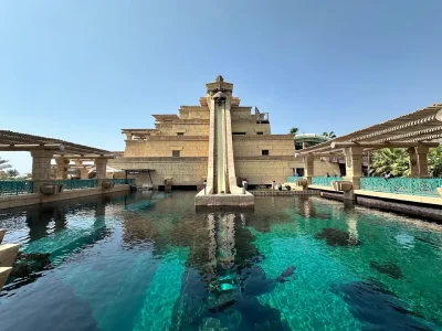 The "Leap of Faith" water slide at Aquaventure Waterpark featuring a Mayan-themed pyramid tower.