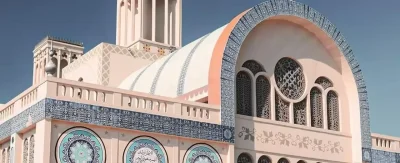 Scenic exterior of a beautiful mosque in Sharjah during cultural tour