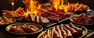 Delicious dinner dishes including kebabs and roast served on Dubai desert safari