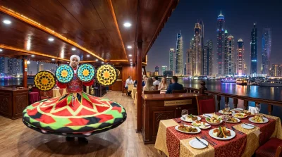 Interior of a traditional wooden dhow cruise in Dubai Marina at night, featuring a buffet table, a Tanoura dancer performing in traditional costume, and the illuminated Dubai Marina skyline through the windows.