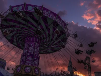 The main entrance of IMG Worlds of Adventure Dubai showing the ticket counters and signage for Lost Valley and IMG Boulevard.
