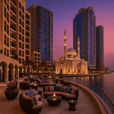Scenic view of Sharjah waterfront at sunset featuring a lit mosque with twin minarets, modern skyscrapers, and a luxurious terrace lounge with candlelit seating by the lagoon.