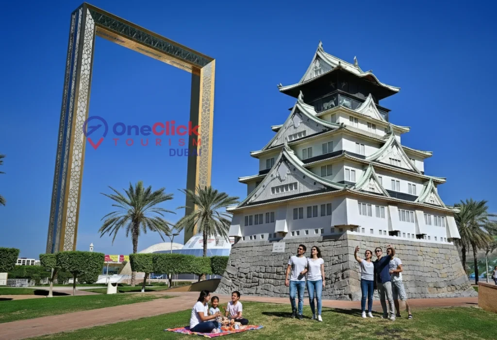 Happy family and friends taking photos near the Dubai Frame and decorative park structures.
